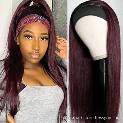 YouFa Straight Human Hair Headband Wigs For Black Women 1b/99J Straight Wig With Wholesale Price Headband Wig Human Hair